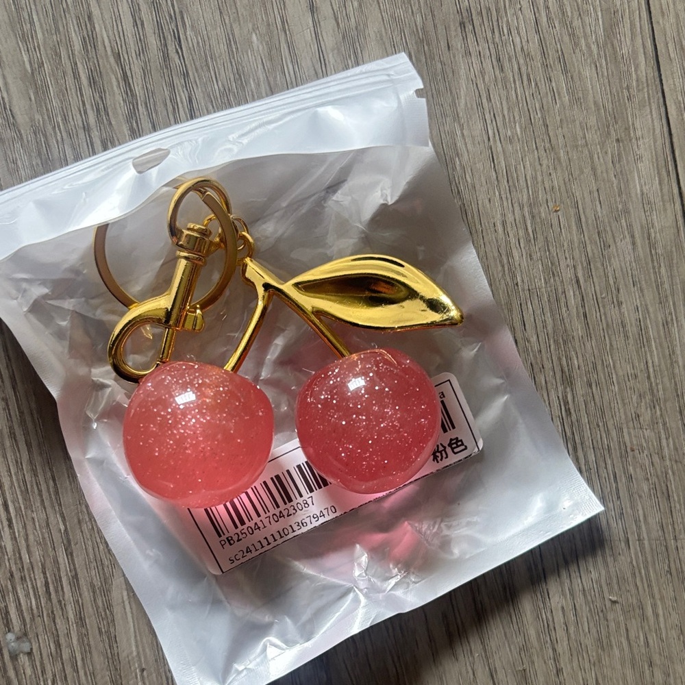 SHEIN Pink Cherry Keychain with Gold Leaf